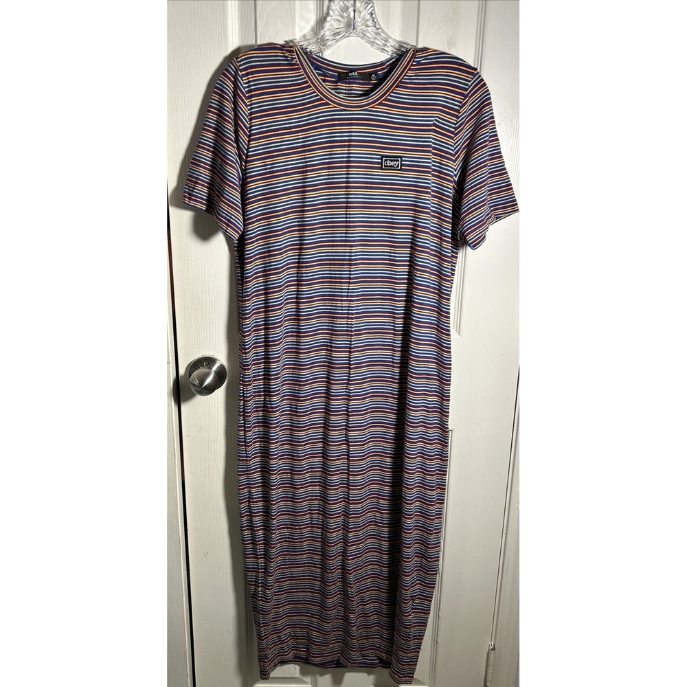 Obey Worldwide Striped Shirt Dress‎ Blue Red Yellow Logo Tee Dress Sz Medium